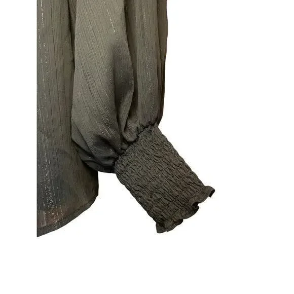 WAYF x BFF Sarah Silver Metallic & Black Off the Shoulder Top Sheer Long Sleeves - Picture 7 of 12